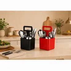 Conjunto Talheres Inox 25 Peças Preto Vermelho C/Suporte Organizador Colher Faca Garfo Cozinha Mesa