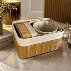Conjunto Kit 4 Cestos Bambu Organizador Cesto Forro Multiuso Casa Cozinha Banheiro Quarto Maquiagem