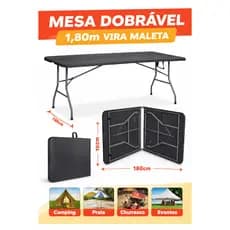 Mesa Dobrável 180cm Portátil Tipo Maleta Reforçada Mesa Camping Praia Churrasco  1,80m Preta