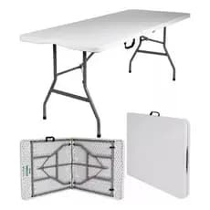 Mesa Dobrável Portátil 180x70cm Vira Maleta Branca | Plástico Resistente + Estrutura em Aço | Multiuso Eventos Camping