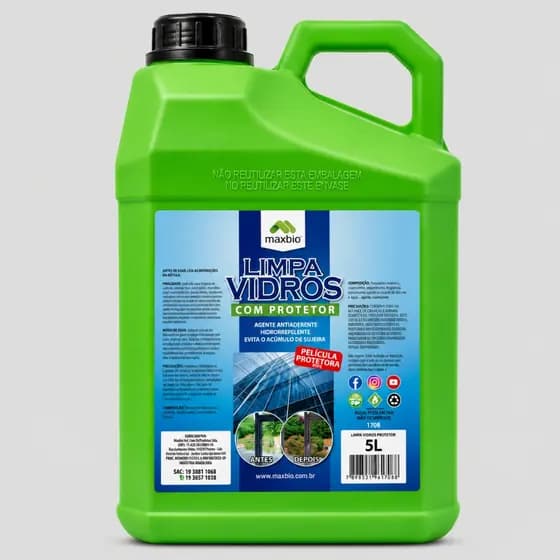 Limpa Vidros Maxbio Blindex Protetor Anti-Poeira Sujeira Concentrado Limpeza Espelhos Fachadas Pelicula Protetora 5L