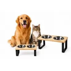 Comedouro Cachorro e Gato Elevado Duplo Pets para Kit em Madeira Pinus e Inox 12cm e 21cm