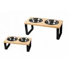 Comedouro Elevado Duplo Pets para Cães e Gatos em Madeira Pinus e Inox 12cm e 21cm