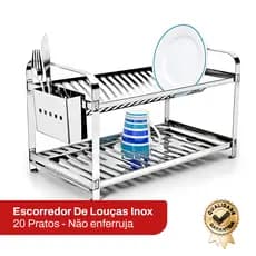 Escorredor de Louças Inox para 20 Pratos com Porta Talher, Organizador de Pia Resistente