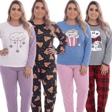 Pijama Feminino Longo Estampado Personagens Manga Longa Conjunto Inverno Confortável