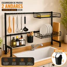 Escorredor de Pratos Bancada 65cm 2 Andares Aço | Tam: P - Modelo Simples + Lixeira Brinde