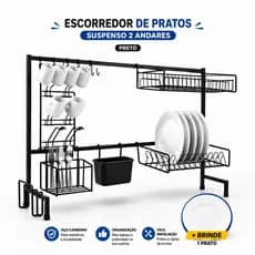 Escorredor de Pratos Bancada 2 Andares 65cm, Porta Copos  Modelo LUX | Prato de Brinde