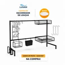Escorredor de Pratos Suspenso 2 Andares Aço Modular | 80cm Porta Copos + Kit 3 Ganchos