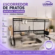 Escorredor de Pratos Bancada 2 Andares Tam: G | Modelo Premium + Prato de Brinde - Preto
