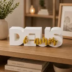 Deus é Amor Letreiro Decorativo com Detalhe Dourado Decoração para Quarto Sala Presente Religioso Especial