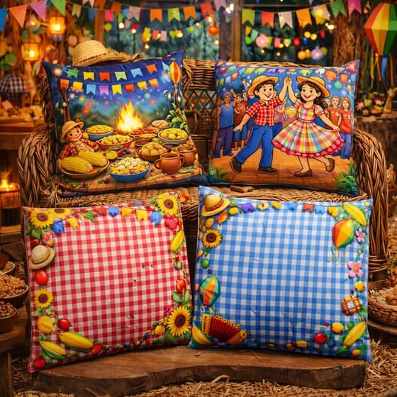 Kit 4 Capas de Almofada Decotarivas Tema Festa Junina Sofá Enfeite Chapéu Bandeirinha