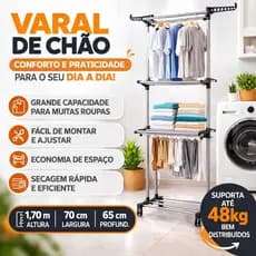 Varal de Chão 3 Andares Dobrável com Rodas e Cabideiro Suporta 48kg- .