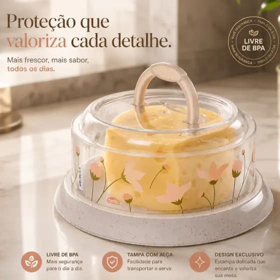 Queijeira Porta Queijo com Tampa Rosca e Alça Decorada BPA Free Porta Queijo Mesa Posta 20cm