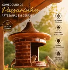 Comedouro Tratador  Pássaros Livres Cerâmica Artesanal Rústica Casinha Suspensa Jardim com 2 Potes