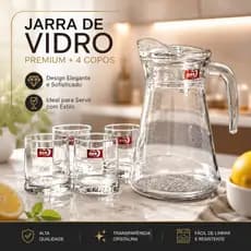 Jarra de Vidro com 4 Copos 1,58L Jogo 5 Peças Conjunto para Suco Água Vidro Transparente
