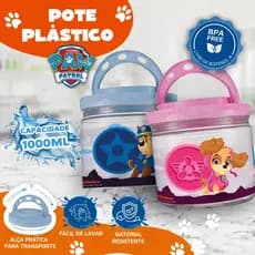Pote Alimentos Patrulha Canina Plástico PET 1L com Alça Chase ou Skye Tampa Larga 1000ml