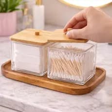Kit 2 Porta Algodão e Cotonete com Tampa de Bambu Organizador Premium para Banheiro e Penteadeira