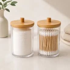 Kit 2 Potes Organizadores Multiuso Acrílico Tampa de Bambu Premium Higiene Temperos