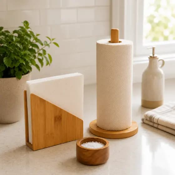 Kit Porta Guardanapo + Suporte para Papel Toalha em Bambu | Organizador Premium para Cozinha