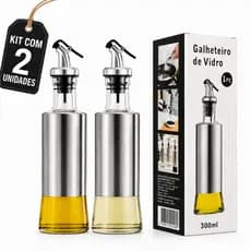 Kit 2 Galheteiros Dosadores Premium em Vidro e Aço Inox para Azeite e Vinagre – 300ml