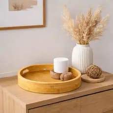 Bandeja Redonda de Bambu 30cm com Alças – Decorativa e Servir Café da Manhã Luxo Premium