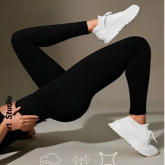 Calça Legging Canelada de Cintura Alta Sem Costura para Academia Feminina, Elástica e Fitness
