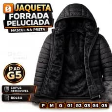 Jaqueta Bobojaco Masculina Premium Forrada Peluciada Preta Inverno Super Quente Capuz Removível Bolso com Zíper P ao G5