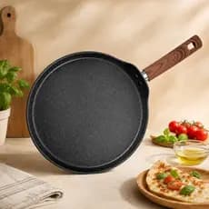 Frigideira Antiaderente 24cm Alumínio Cabo Madeira Para Pizza Indução e Fogão a Gás