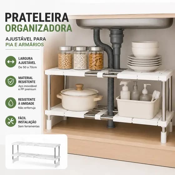 Organizador MultiCamadas para Cozinha e Pia | Rack Ajustável em Aço Inox e Plástico