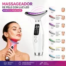 Massageador Facial LED 7 Cores para Rosto e Pescoço Recarregável USB com Vibração e Aquecimento