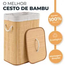Cesto Organizador de Roupas em Bambu com Tampa e Forro 60L 70L Dobrável para Lavanderia Closet