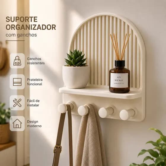 Prateleira Decorativa Organizadora com Ganchos, Furos de fixação parede, Porta Objetos e Cabideiro para Bolsas e Roupas