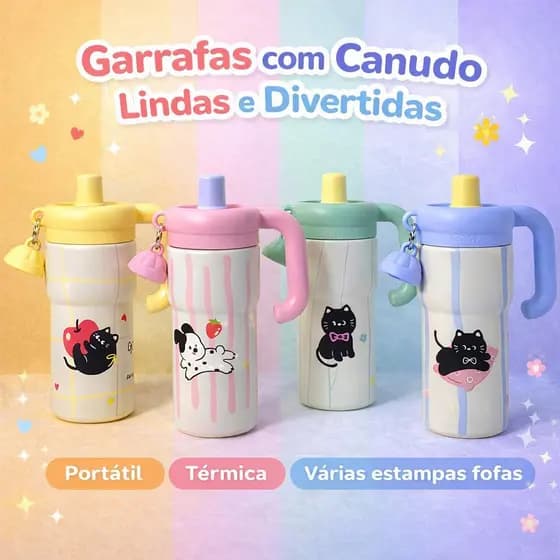 Garrafa Térmica Infantil 600ml com Canudo Alça e Pingente Portátil