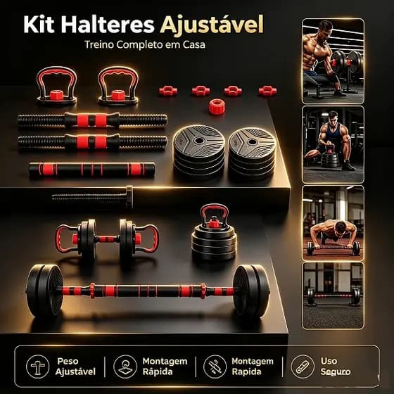 Kit Halteres 6 em 1 15kg Ajustável Barra Anilhas Kettlebell Multiuso Musculação Treino Funcional Casa Academia
