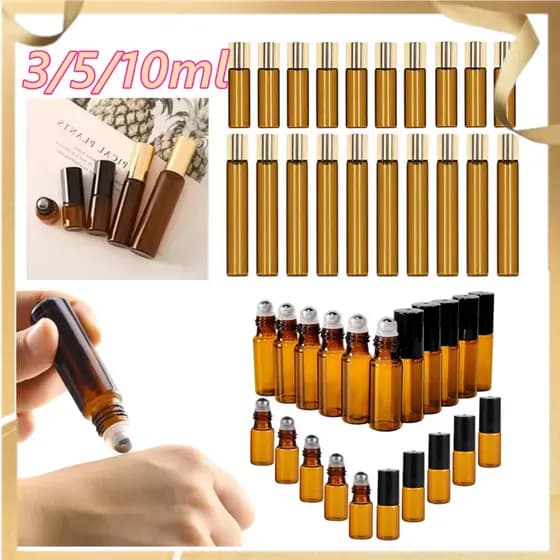 Frascos roll-on de vidro à prova de vazamentos, âmbar, frascos vazios de óleo essencial de 3/5/10ml, kit com 10