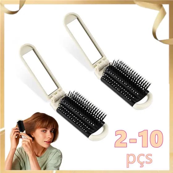 Pente dobrável com espelho quadrado, bege, 2-10 peças, escova de cabelo portátil para viagem, pente de massagem de bolso