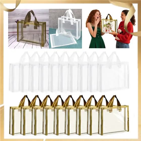 Sacolas grandes de plástico transparente com alças, pacote com 100, sacolas de presente reutilizáveis, dourado / branco
