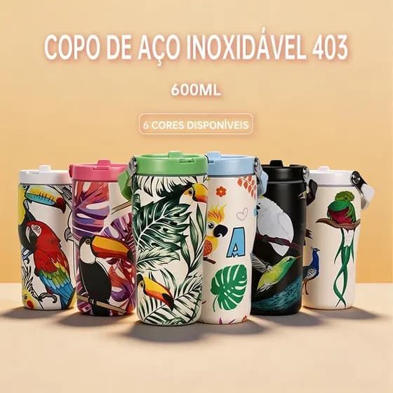 Aço Inox Garrafa Copo Térmico Com Alça e Canudo Fauna 600ml