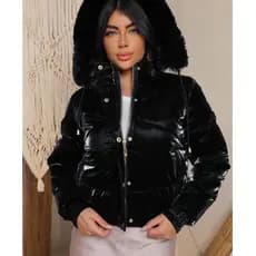 Jaqueta Puffer Forrada Com Capuz Metalizada Blogueira curta Feminina Casual Com corte