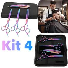 Um kit profissional de cabeleireiro, incluindo 3 tesouras e 1 navalha, com caixa de armazenamento.