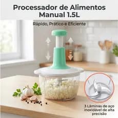 Processador de alimentos com três lâminas, função de mistura e trava de segurança manual; capacidade de 1,5 litro.