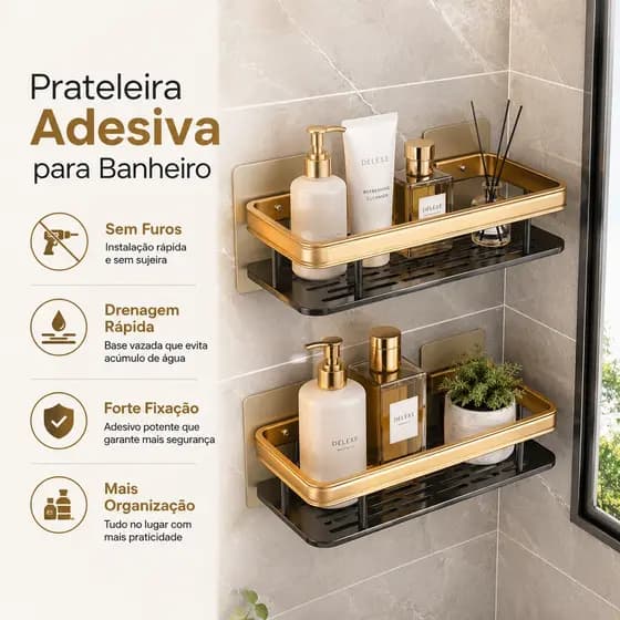Prateleira Organizadora Banheiro Sem Furo Preto Dourado Porta Shampoo Luxo