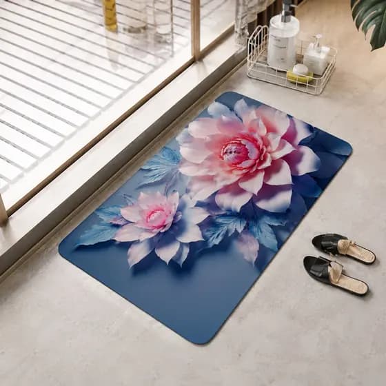 Tapete Floral 5D Antiderrapante Absorvente Decorativo Bonito Para Banheiro Cozinha Quarto