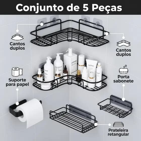 Kit Banheiro 5 Peças Prateleira Organizadora Sem Furo Suporte Papel Saboneteira