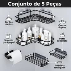 Kit Banheiro 5 Peças Prateleira Organizadora Sem Furo Suporte Papel Saboneteira