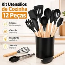 Kit Utensílios de Cozinha Silicone 12 Peças Cabo Madeira Antiaderente com Suporte