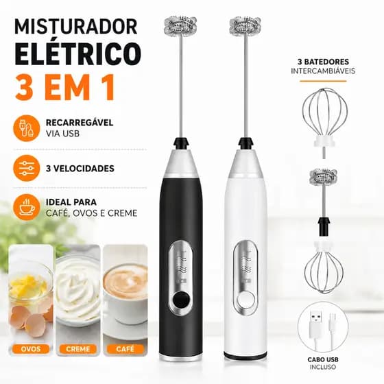 Mixer Elétrico 3 em 1 Recarregável USB Batedor de Ovos Leite Café Espumador