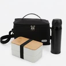 Kit Lancheira Térmica 6L Nylon + Marmita Ecológica Dupla Com Talheres E Tampa Bambu + Garrafa Térmica Inox 400ml