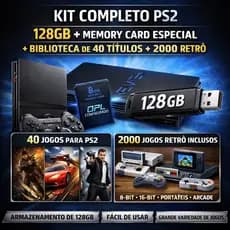 Kit Completo PS2 OPL 128GB + Memory Card Especial + 40 Jogos PS2 + 2000 Jogos Retrô