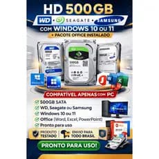 HD 500GB WD / Seagate / Samsung com Windows 10 ou 11 e Pacote Office Instalado